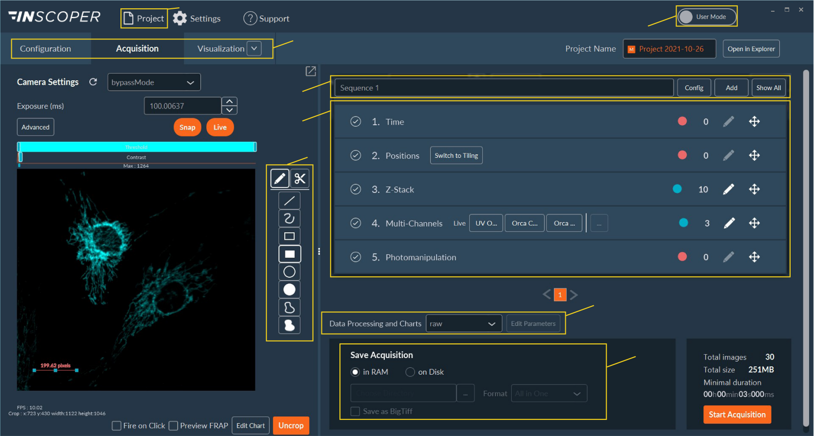 Inscoper acquisition software UI with highlighted regions